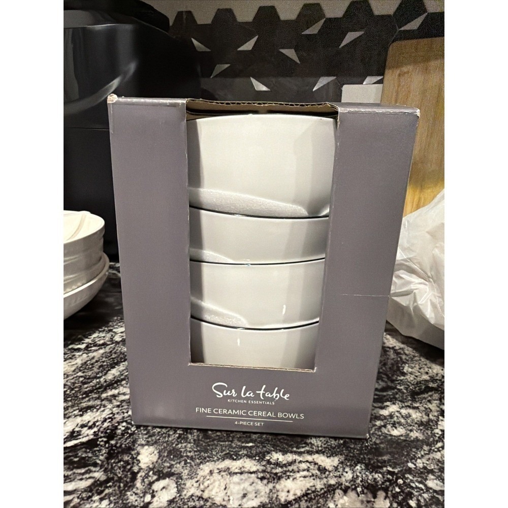 Sur La Table Kitchen Essentials Set of 4 Fine Ceramic Cereal Bowls White 5.75"
